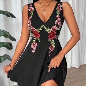 SHEIN Black V-Neck Mini Dress with Red & Pink Floral Embroidery